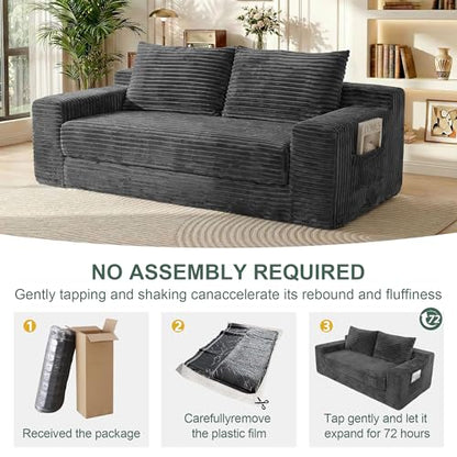 73" Convertible Sofa Bed, Corduroy Boneless Loveseat Sleeper, Gray | Fold Out Floor Couch Bed with 2 Pillows, Memory Foam Cloud Futon Couch for Living Room, Guest Room, Small Space, No Assembly