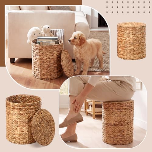 Novabright 2 Pcs Round Storage Ottoman with Lid 15.7" and 13" Natural Handwoven Water Hyacinth Footstool for Living Room Bedroom Entryway Bathroom Home Office