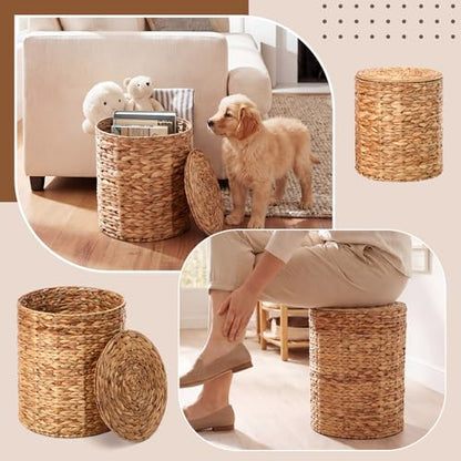 Novabright 2 Pcs Round Storage Ottoman with Lid 15.7" and 13" Natural Handwoven Water Hyacinth Footstool for Living Room Bedroom Entryway Bathroom Home Office