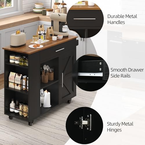 Kitchen Island with Storage, 39'' W Rolling Kitchen Island on Wheels, Black | 3-Tier Spice Rack, Drawer Storage, Adjustable Shelf & Towel Rack, Casters, Mobile Island Table for Kitchen, Dining Room - style: BLACK