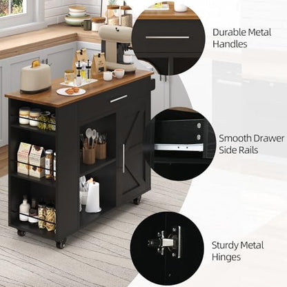 Kitchen Island with Storage, 39'' W Rolling Kitchen Island on Wheels, Black | 3-Tier Spice Rack, Drawer Storage, Adjustable Shelf & Towel Rack, Casters, Mobile Island Table for Kitchen, Dining Room - style: BLACK