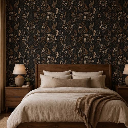 Peel and Stick Wallpaper Dark Vintage Botanical Floral 17.7"x393.7" | Self-adhesive removable wallpaper for walls, renter-friendly bedrooms, living rooms, powder rooms, and accent walls - color: Black/Brown, size: 17.7" x 393.7"