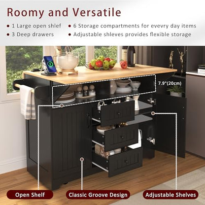 55.7" W Kitchen Island with 2 Drop Leaf, Moblie Kitchen Cart On Wheels with Storage Cabinet, 3 Drawers, Multifunctional Rolling Dining Table with Power Outlet, Spice & Towel Rack (Black-v) - color: Black-v)