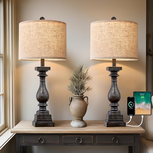 BOBOMOMO 27" Farmhouse Black Table Lamp Set of 2 with USB A+C for Bedroom Living Room Vintage Rustic Traditional Nightstand Bedside Lamps Retro Side Table Lamps (Blubs not Included) - color: Black