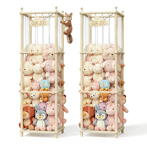 Stuffed Animal Storage,Large Wooden Toy Organizer,Anti-Tip Design,Easy Assembly - size: 53.9*15.7*15.7 IN*2