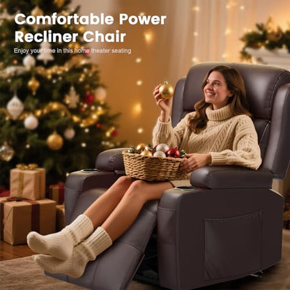 Home Theater Seating, Power Recliner Sofa Single Chair with Massage & Heat | Wall Hugger Reclining Single Chairs with USB, RV Furniture with LED Lights, Cup Holders for Movie Theater, Gaming Room - color: Brown, size: 34" - 1 Seat