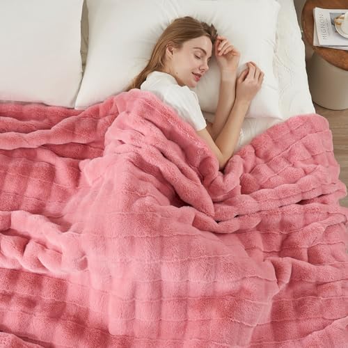 Cozy Bliss Fluffy Faux Fur Blanket Queen Size for Bed, Fuzzy Soft Striped Plush Blanket, Thick Throw for Bedroom Couch Gift, 90x90 Inches Pink - color: Hot Pink, size: Queen(90" x 90")