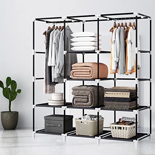 51 Inch Grey Portable Closet Bundle with 51 Inch Black Portable Wardrobe with 4 Hanging Rods, 16 Storage Organizer Shelves, Durable and Easy to Assemble