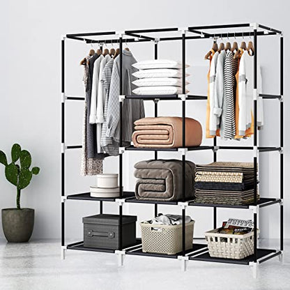 51 Inch Grey Portable Closet Bundle with 51 Inch Black Portable Wardrobe with 4 Hanging Rods, 16 Storage Organizer Shelves, Durable and Easy to Assemble