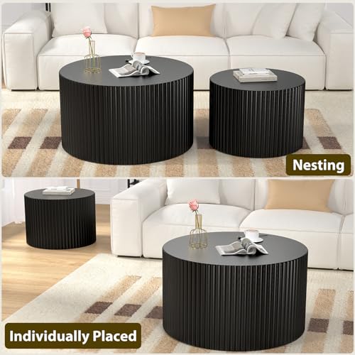 Round Nesting Coffee Table Set of 2, Black | Mid Century Modern Fluted End Table Set,Small Circle Wooden Side Table Drum Table for Living Room Bedroom Apartment - color: Black 27.5"