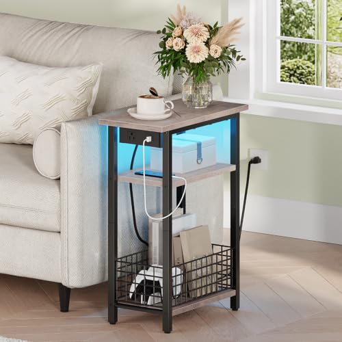 HOOBRO Narrow Side Table with Charging Station and LED Light, Small End Table with Storage, Skinny Nightstand with USB Port, Slim Bedside Table for Small Spaces, Living Room, Greige BG242UDBZ01 - color: Greige + Black