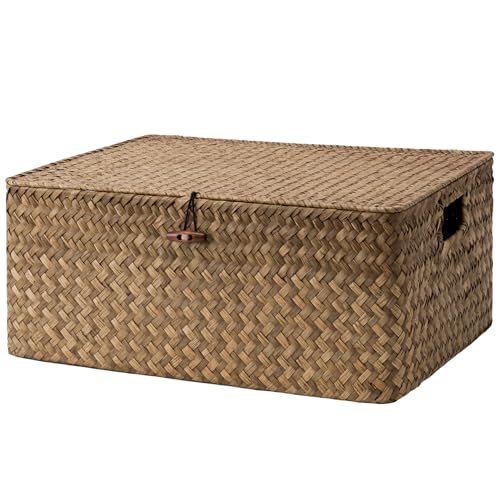 StorageWorks Wicker Baskets for Storage, Large Basket with Lid, Brown | Woven Baskets with Lids for Shelves, Wicker Storage Baskets with Lids, Decorative Box, Lidded Baskets for Organizing, 1 Pack - color: Brown(Seagrass), size: 16½"L × 13"W × 7½"H