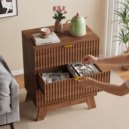 Fluted Nightstand with 3 Large Drawers, Wooden Side End Table with Elevated Legs for Easy Cleaning, Sturdy Modern Beside Table for Small Space, Bedroom, Walnut, 24" L - color: Walnut