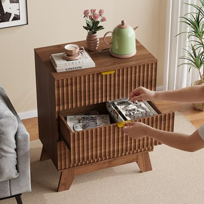 Fluted Nightstand with 3 Large Drawers, Wooden Side End Table with Elevated Legs for Easy Cleaning, Sturdy Modern Beside Table for Small Space, Bedroom, Walnut, 24" L - color: Walnut