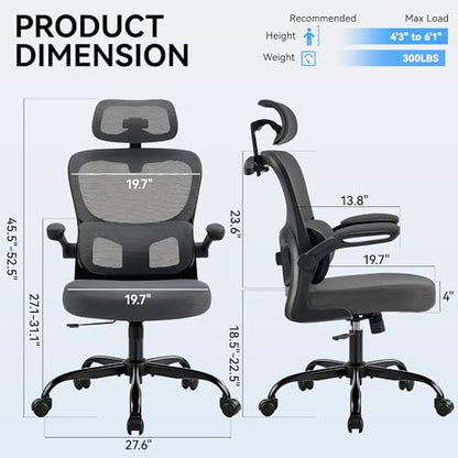 Ergonomic Office Chair, Desk Chair with Adjustable Lumbar Support | High Back Breathable Mesh Computer Chair with Adjustable Headrest,Hanger,Flip Up Armrest and Rocking Function for Home Office - color: Dark Gray