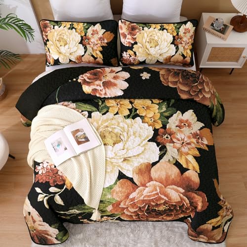 WONGS BEDDING Black Boho Floral Quilt Set Queen, Elegant Gold Flower Bedspread Coverlet Set for All Season, 3 Pieces Farmhouse Lightweight Reversible Bedding Set with 2 Pillow Shams 96"X90" - color: Black Boho, size: Queen 90"×96"