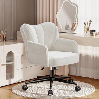DurayLoly Vanity Chair with Wheels & White — Adjustable Height Makeup Chair, Plush Velvet Seat with Curved Backrest for Women, Girls, Bedroom Vanity & Desk, White - color: White