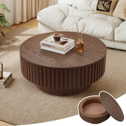 31.5'' Round Coffee Table with Storage, Modern Wooden Fluted Circle Coffee Table Unique Drum Center Table Wood Circular Tea Table for Living Room, Office, Small Apartment, Walnut - color: Storage Walnut, size: 31.49 inch