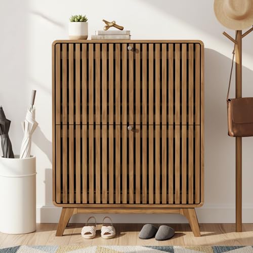 Jluomei Fluted Narrow Shoe Cabinet for Entryway, Slim Wood Shoe Storage Cabinet with Flip Drawers, Bamboo Thin Shoe Rack Organizer for Entry Way, Hallway, Hidden, Walnut - color: Walnut-31.5" Wide