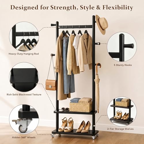 Coat Rack Freestanding Solid Wood Clothes Rack with Wheels | Space Saving, Stable 5 Hooks 2 Shelves Coat Tree, Silent 360 Degree Wheels, Heavy Duty 150 lb Capacity for Entryway Bedroom - color: Black, size: L: 23.6" x W: 11.8" x H: 70.9" (With Wheels)