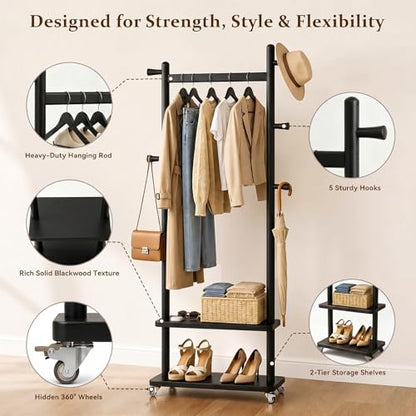Coat Rack Freestanding Solid Wood Clothes Rack with Wheels | Space Saving, Stable 5 Hooks 2 Shelves Coat Tree, Silent 360 Degree Wheels, Heavy Duty 150 lb Capacity for Entryway Bedroom - color: Black, size: L: 23.6" x W: 11.8" x H: 70.9" (With Wheels)