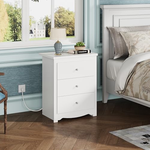 WLIVE Tall Nightstand with Charging Station, Wood Bedside Table, White | 3 Drawers Storage, Power Outlets(2AC+2USB), Easy Assembly, Premium Eco-friendly Wood, White Night Stand for Bedroom - color: White