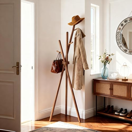 VICITON Wooden Coat Rack, Tripod Coat Tree Freestanding with 3 Hooks for Clothes, Hats and Handbags, Coat Hanger Stand for Bedroom, Living Room, Entryway (Dark) - color: Dark