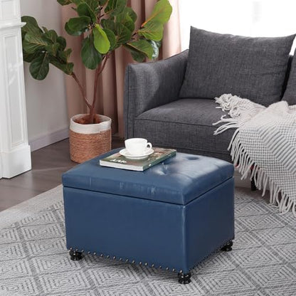 Faux Leather Storage Ottoman Bench Rectangle 24 Inch Foot Rest Ottomans - color: Blue Faux Leather
