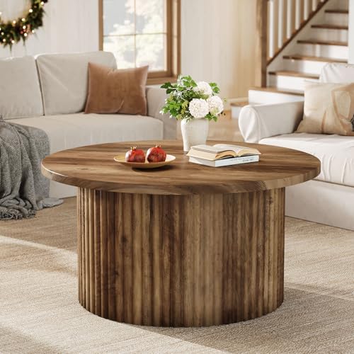 Tribesigns Round Coffee Table, 31.5" Farmhouse Circle Center Table with Fluted Drum Base & Wooden Grain Veneer Top, Modern Wooden Accent Cocktail Table for Small Space, Living Room, Apartment