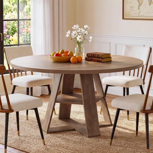 Tribesigns 47.24" Round Dining Table for 4-6, Modern Farmhouse Circle Kitchen Table with X-Cross Base & Storage Shelf, Wooden Pedestal Base for Dining Room Kitchen, Brown