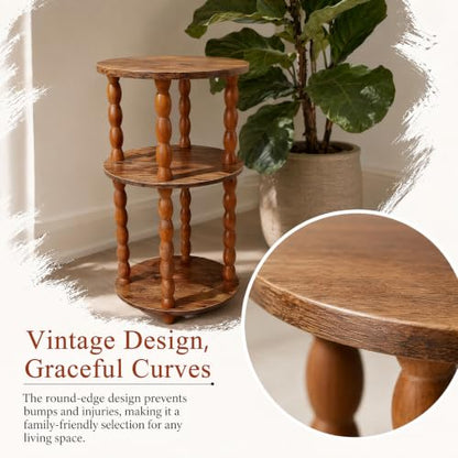 Small Round Narrow Side Table, 3-Tier End Table with Storage | 11.8″ x 11.8″ x 22.6″, Solid Wood Spindle Legs, Easy Assembly, No Tools Required, Vintage Style, Space-Saving, Easy to Clean