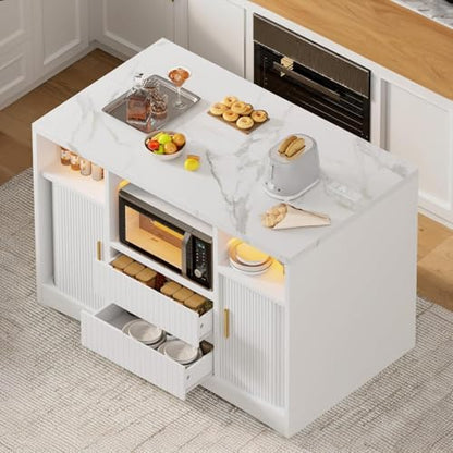 Kitchen Island with Storage, Island Table for Kitchen with Power | Outlet & LED Light, Rolling Buffet Cabinet with Sliding Door, 2 Drawers, Microwave Cart, Large Faux Marble Countertop, White - color: White