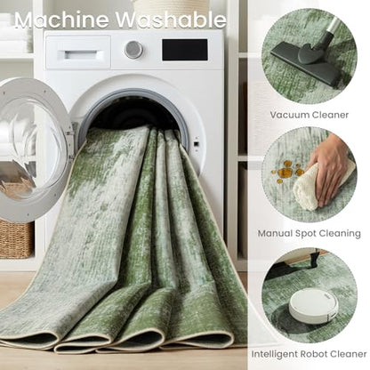 5'x7' Sage Green Faded Abstract Faux Wool Area Rug Living Room Soft | Modern Machine Wash Non-Slip Rug Throws, Kid-Friendly Low Profile Carpet for Bedroom, Kids Room, Farmhouse Under Bed, Green - color: Woodland‌, size: 5' x 7' (Rectangular)
