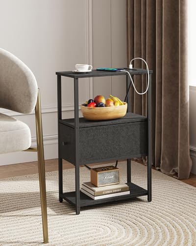 TUTOTAK Small Narrow End Table with Charging Station, Set of 2 | Side Table with Outlets, Nightstand with Cloth Drawer, Couch Table for Living Room, Bedroom, Bedside, Black TB01BK058 - color: Black, style: 1 Drawer & Plug