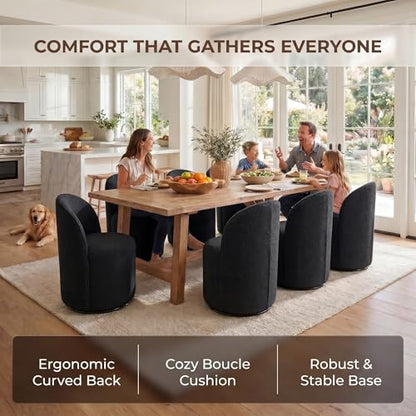 HNY Upholstered Kitchen & Dining Room Barrel Chair, Mid Century Modern Round Sherpa Boucle Dining Chair, 360 Degree Swivel Comfy Armless Accent Makeup Vanity Side Chair for Bedroom Living Room, Black - color: Black