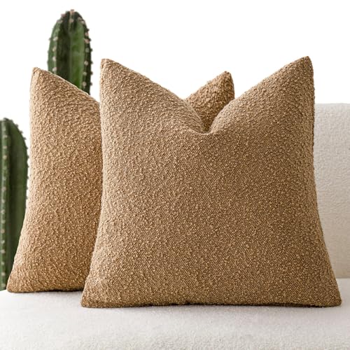 Foindtower Set of 2, Decorative Textured Boucle Throw Pillow Covers Accent Solid Pillow Cases Neutral Soft Couch Cushion Case for Chair Sofa Bedroom Living Room Home Decor 16 x 16 Inch Rust Tobacco - color: Tobacco, size: 16" x 16" (Pack of 2)