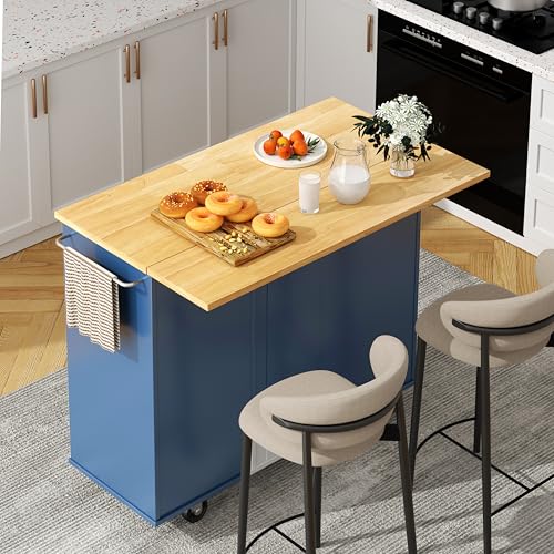 Shintenchi Kitchen Island with Folding Drop Leaf, Rolling Island Table with Storage, Kitchen Cabinet on Wheels with Seating Area for Kitchen, Bar Cart with Cabinet, Blue - color: Blue