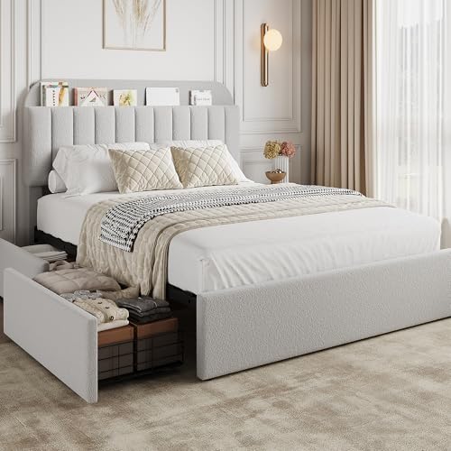 GarveeHome Queen Bed Frame, Platform Bed with Storage Headboard & Drawers | Boucle Upholstered Bed Frame, Bookcase Headboard, No Box Spring Needed, Easy Assembly, Light Gray - color: Light Gray, size: Queen