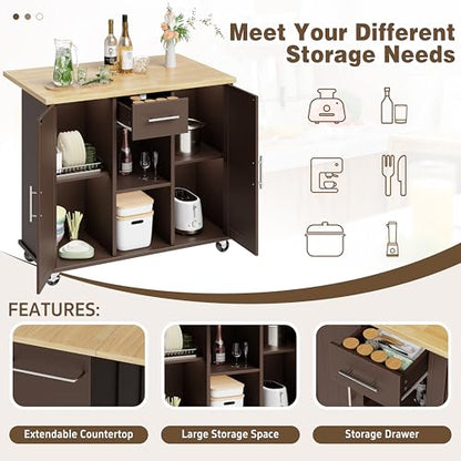 Shintenchi Kitchen Island with Storage, Bar Cart Cabinet Island Table on Wheels, Rolling Microwave Cart for Kitchen with Drop Leaf, Drawers, Towel Rack, Seating Area for Dining Room, Brown - color: Brown-42 Inch