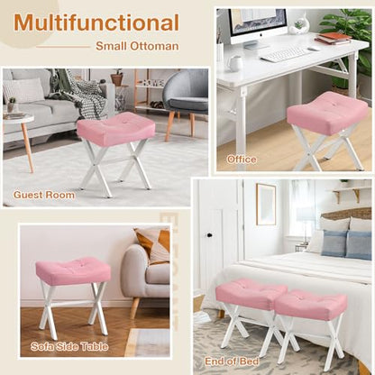 18-Inch Leather Vanity Stool Chair, Pink Saddle Vanity Stool | Vanity Bench, Metal X-Leg, 300 LBS, 16.3"x12.4"x18", Ottoman Accent Stool, Thick Padded Saddle Seat, For Living Room, Bedroom - size: Small, style: Pink Leather