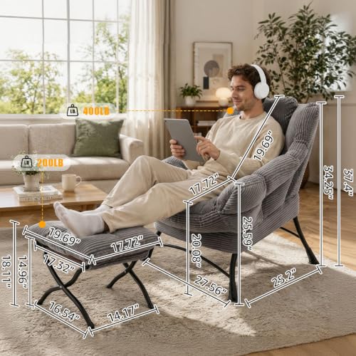 Lazy Chair with Ottoman, Modern Skinny Lounge Chair with Footrest | Foldable Footrest, Padded & Backrest with Side Pocket, Comfy Accent Reading Chair for Living Room & Small Spaces, Dark Gray - color: Dark Gray