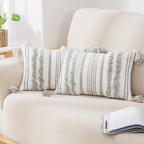 decorUhome Grey and Cream White Throw Pillow Covers 12x20 Set of 2 | Decorative Boho Lumbar Accent Neutral Tufted Modern Farmhouse Textured Pillow Covers for Couch Bed Sofa Living Room - color: Grey and Cream White, size: 20" x 12" (Pack of 2)