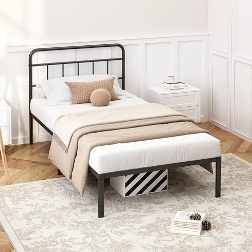 Kujielan 12 inches Twin Bed Frame with Minimalist headboard, Black | Metal Platform Base with Strong Metal Slats,Mattress Foundation for Under Bed Storage,Easy Assembly - size: Twin