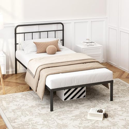 Kujielan 12 inches Twin Bed Frame with Minimalist headboard, Black | Metal Platform Base with Strong Metal Slats,Mattress Foundation for Under Bed Storage,Easy Assembly - size: Twin
