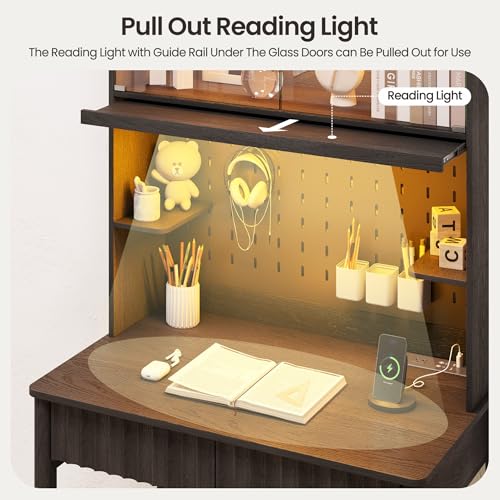 Lvifur 31.5" LED Study Desk with Hutch,Outlets,Reading Lights | Computer Desk with Charging Station,2 Drawer,Compact Writing Desks,Home Office Desks for Bedroom,Black - color: Black