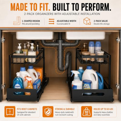 Highline Supply Under Sink Organizer, Kitchen Pantry Bathroom Organization | 2-Pack Organizer, Sliding Pull-Out Cabinet Organizing Rack, Metal Made for Durability, Black