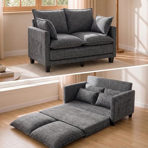 KYJ 49" Loveseat Sofa Bed, Convertible Pull Out Couch with Foldable Mattress, Small Love Seat for Bedroom, Dorm, RV & Apartment, Chenille Fabric, Not Twin Size, Grey - color: Grey