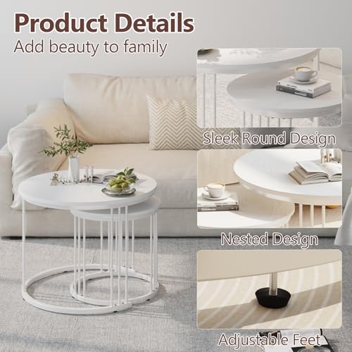 Nesting Coffee Table, 23.6" Round Coffee Table Set of 2, Wooden Nesting Table with Metal Frame, Ceter Tables for Living Room Bedroom Balcony, White - color: White