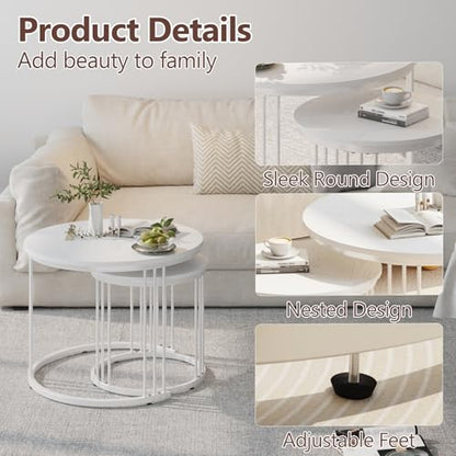 Nesting Coffee Table, 23.6" Round Coffee Table Set of 2, Wooden Nesting Table with Metal Frame, Ceter Tables for Living Room Bedroom Balcony, White - color: White
