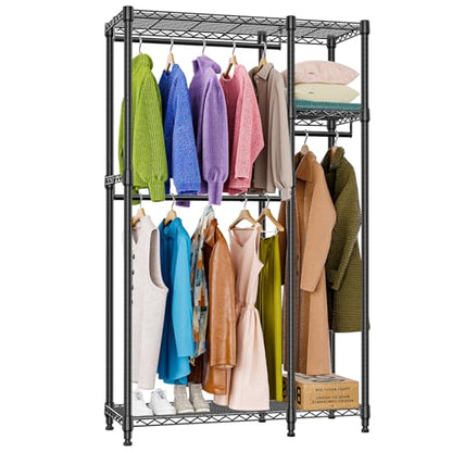 M MZG Heavy Duty Rolling Garment Rack 3 Tiers Adjustable Wire Shelving Clothes Rack with 3 Rods and Side Hooks,Storage Closet Clothing Rack Black 15.7" D x 43.3" W x 76.5" H - color: Black, size: 2 composition 15.7"D x 43.3"W x 76.5"H